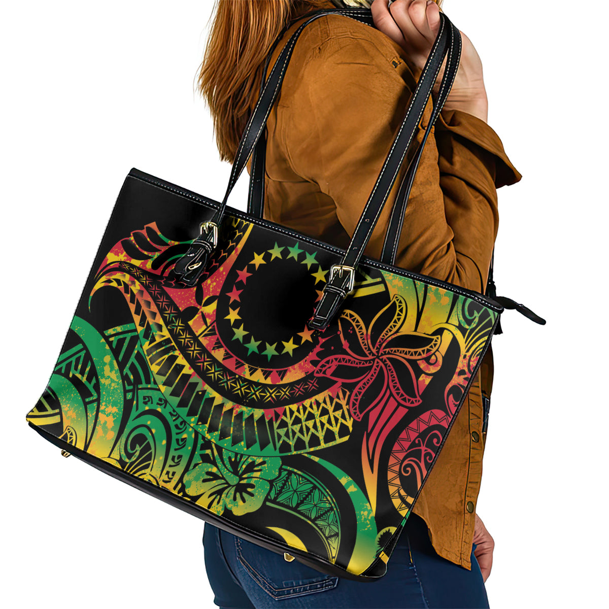 Cook Islands 15 Stars Leather Tote Bag Kuki Airani Polynesian Tribal Wave Tattoo LT9 - Polynesian Pride