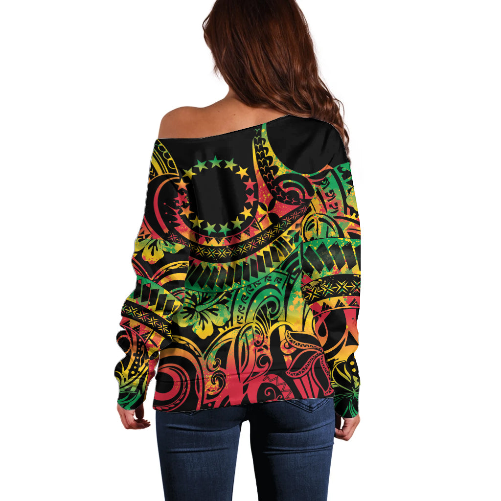 Cook Islands 15 Stars Off Shoulder Sweater Kuki Airani Polynesian Tribal Wave Tattoo