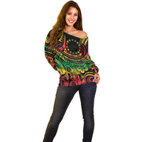 Cook Islands 15 Stars Off Shoulder Sweater Kuki Airani Polynesian Tribal Wave Tattoo