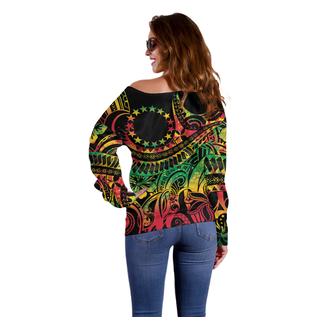 Cook Islands 15 Stars Off Shoulder Sweater Kuki Airani Polynesian Tribal Wave Tattoo