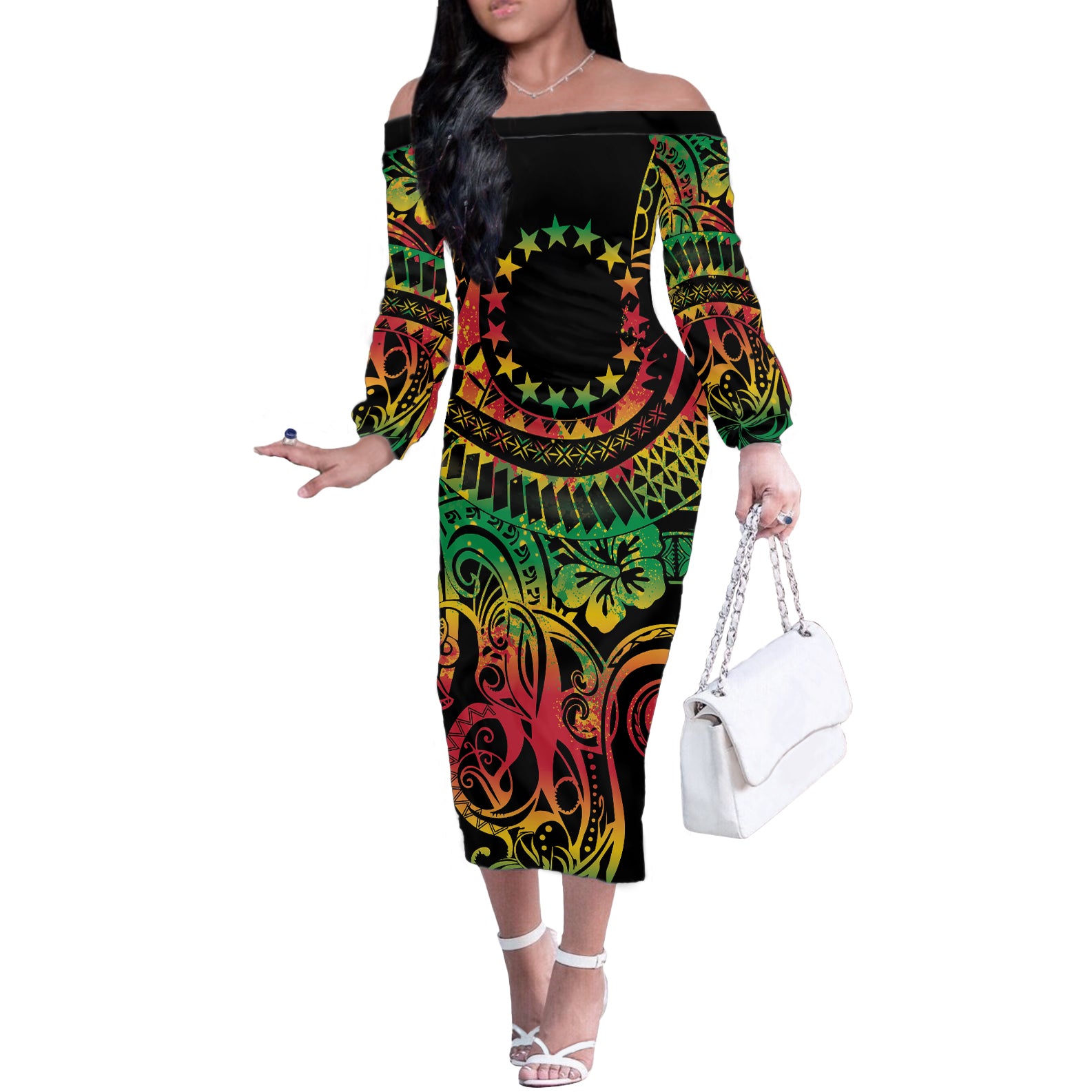 Cook Islands 15 Stars Off The Shoulder Long Sleeve Dress Kuki Airani Polynesian Tribal Wave Tattoo