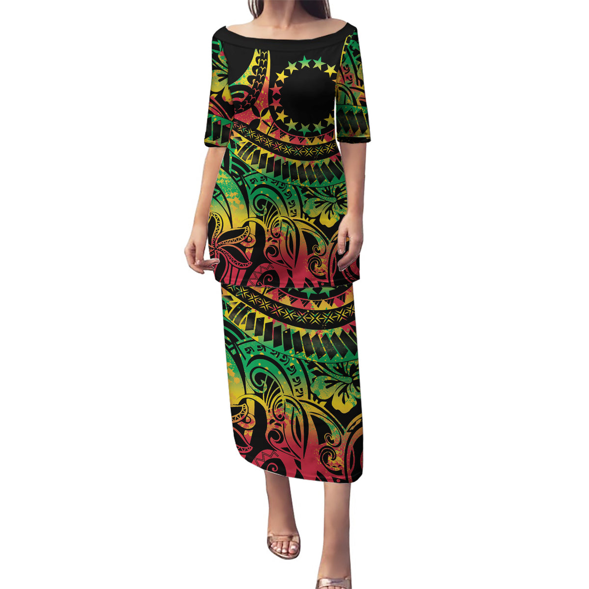 Cook Islands 15 Stars Puletasi Kuki Airani Polynesian Tribal Wave Tattoo LT9 Long Dress Reggae - Polynesian Pride