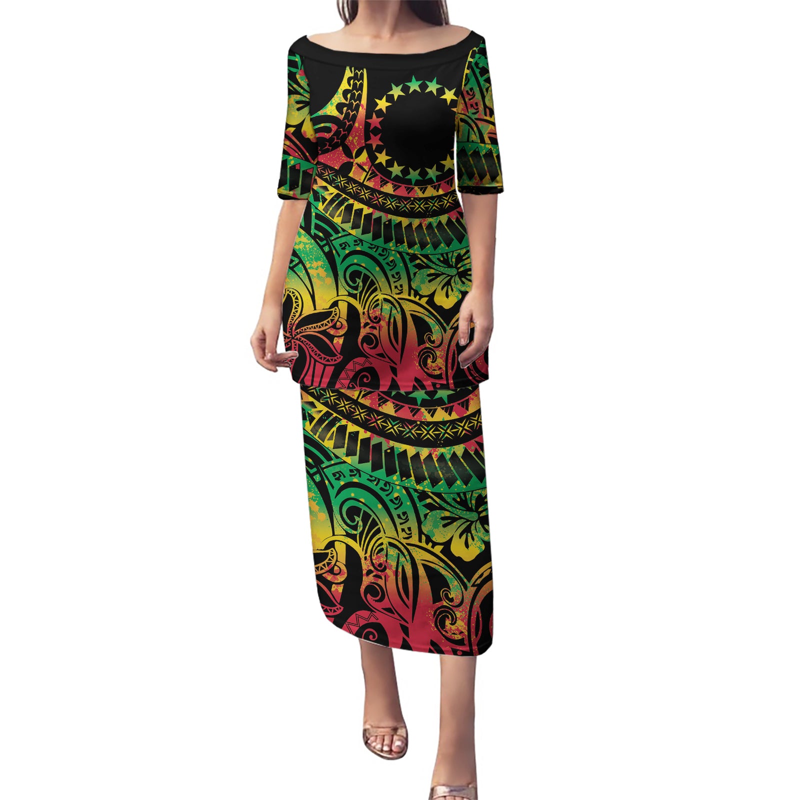 Cook Islands 15 Stars Puletasi Kuki Airani Polynesian Tribal Wave Tattoo LT9 Long Dress Reggae - Polynesian Pride