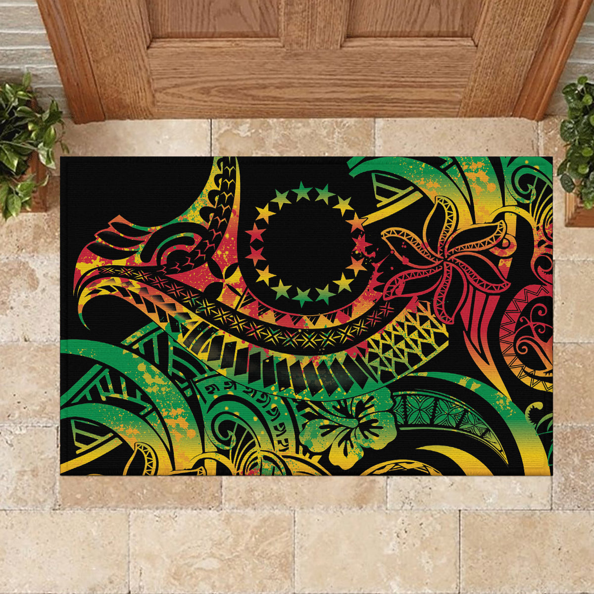 Cook Islands 15 Stars Rubber Doormat Kuki Airani Polynesian Tribal Wave Tattoo LT9 - Polynesian Pride
