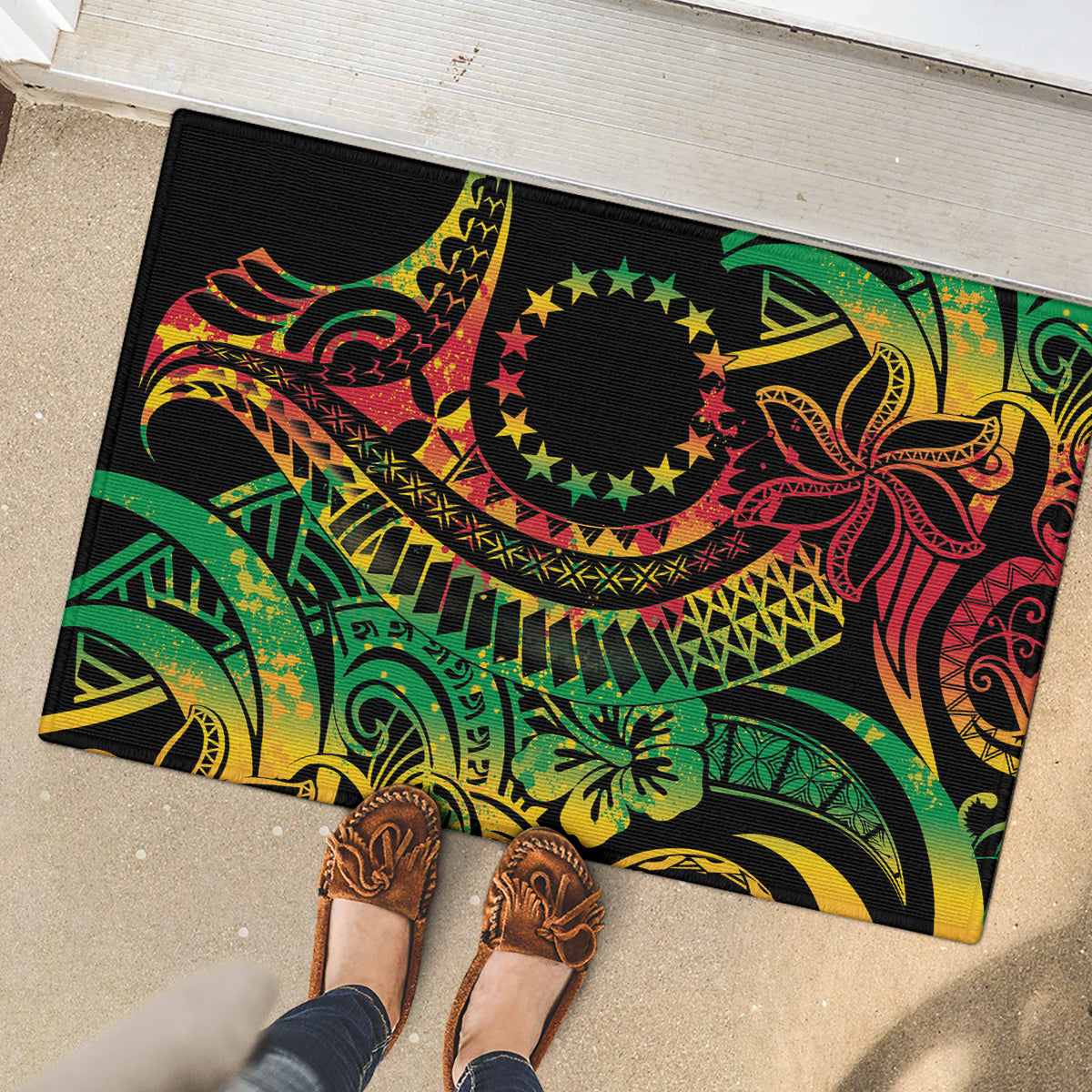 Cook Islands 15 Stars Rubber Doormat Kuki Airani Polynesian Tribal Wave Tattoo LT9 - Polynesian Pride
