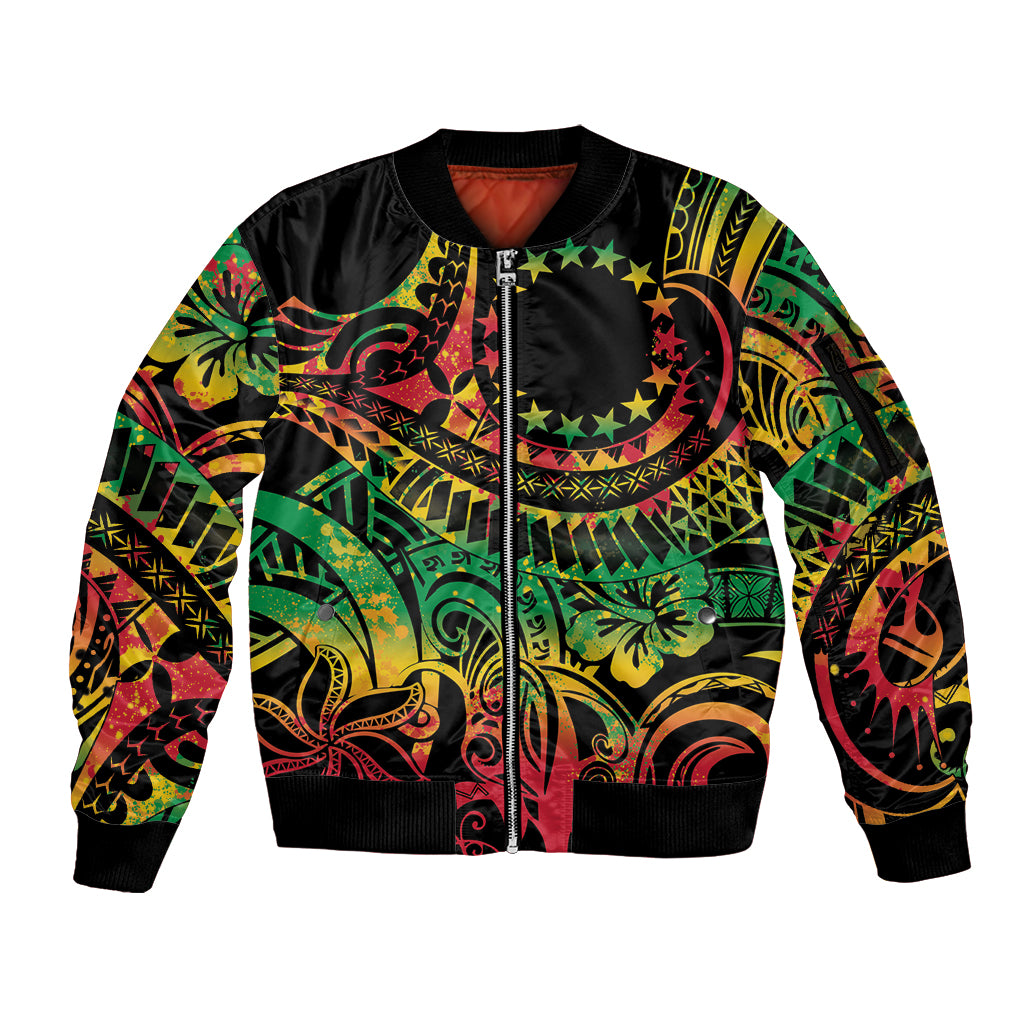 Cook Islands 15 Stars Sleeve Zip Bomber Jacket Kuki Airani Polynesian Tribal Wave Tattoo LT9 Unisex Reggae - Polynesian Pride