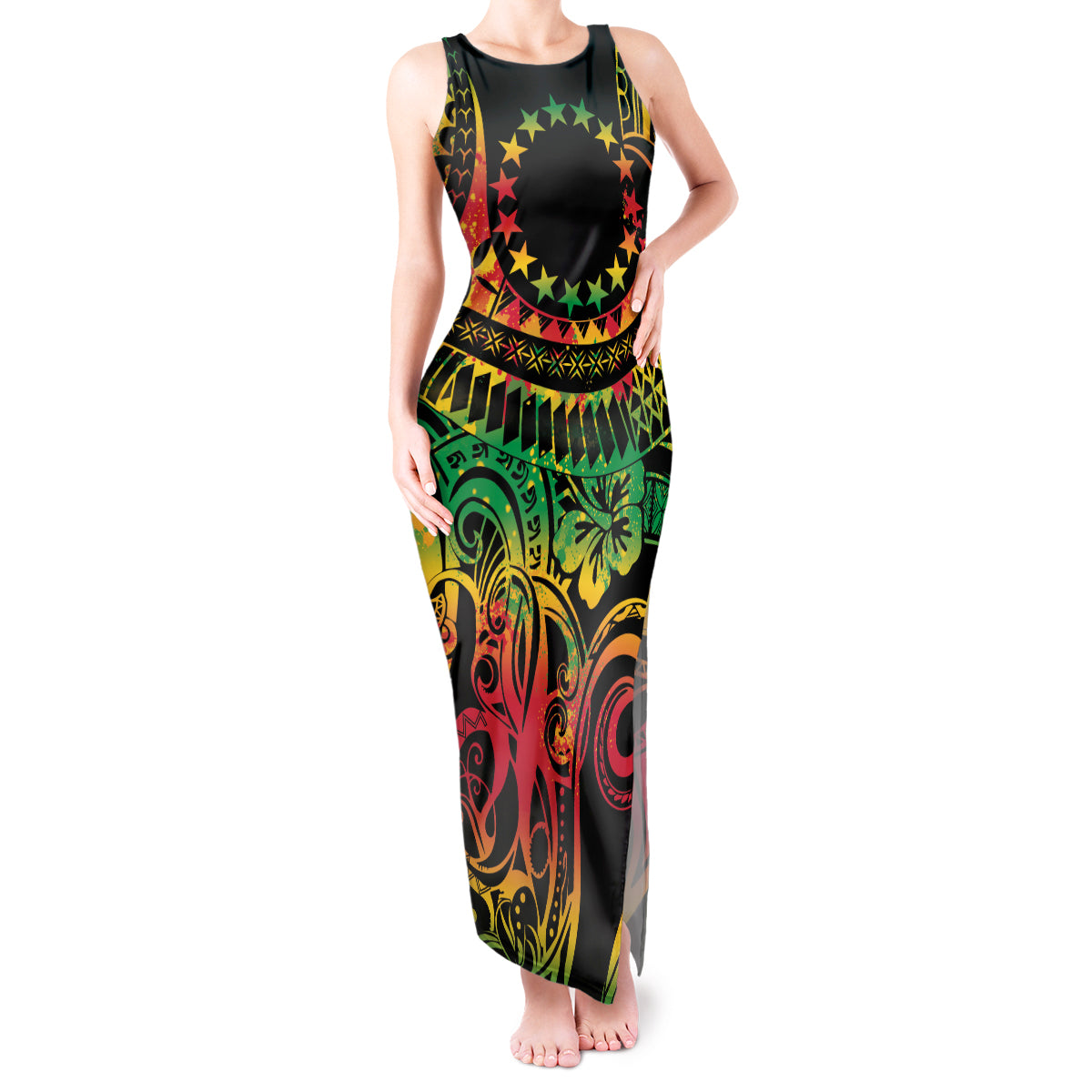 Cook Islands 15 Stars Tank Maxi Dress Kuki Airani Polynesian Tribal Wave Tattoo