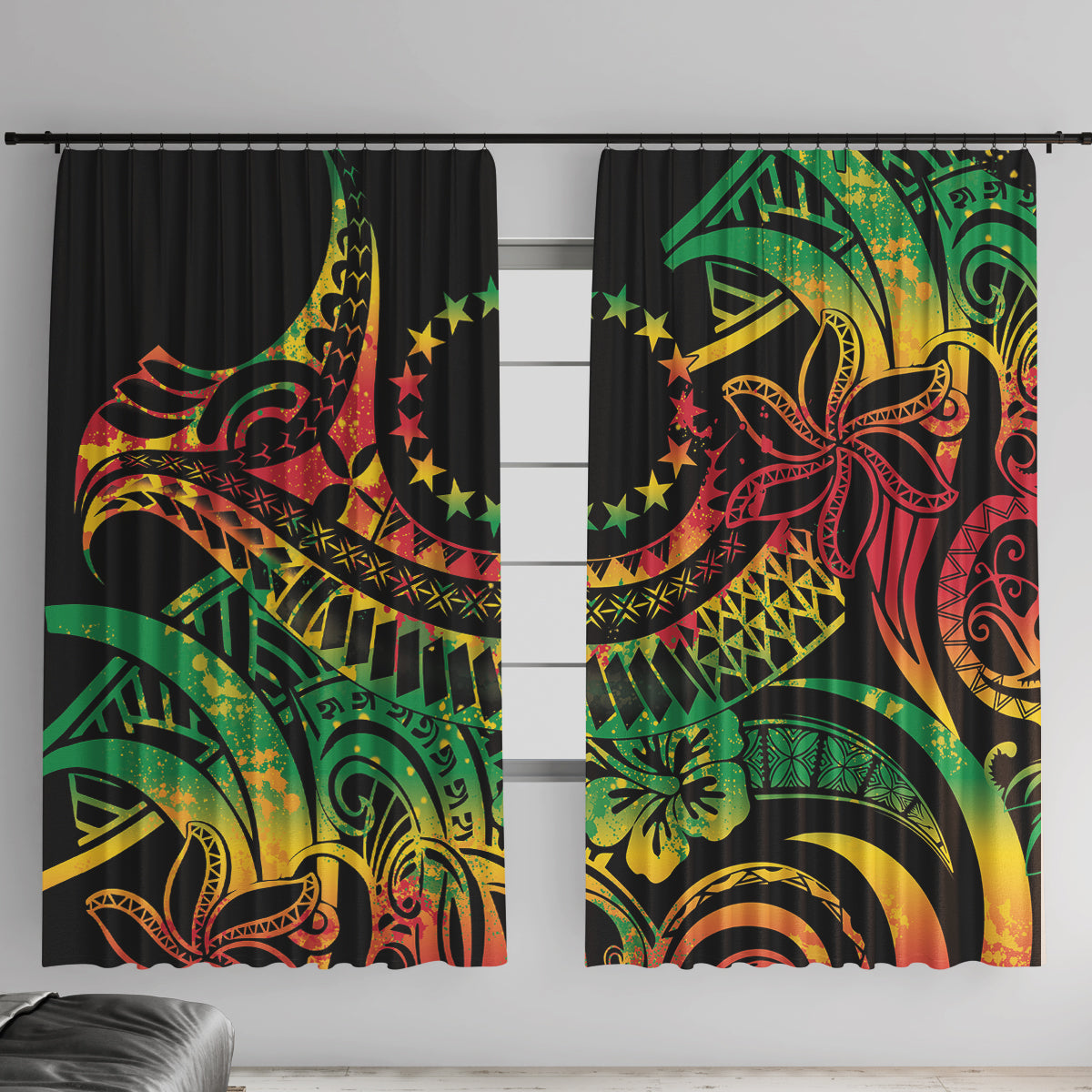 Cook Islands 15 Stars Window Curtain Kuki Airani Polynesian Tribal Wave Tattoo LT9 With Hooks Reggae - Polynesian Pride
