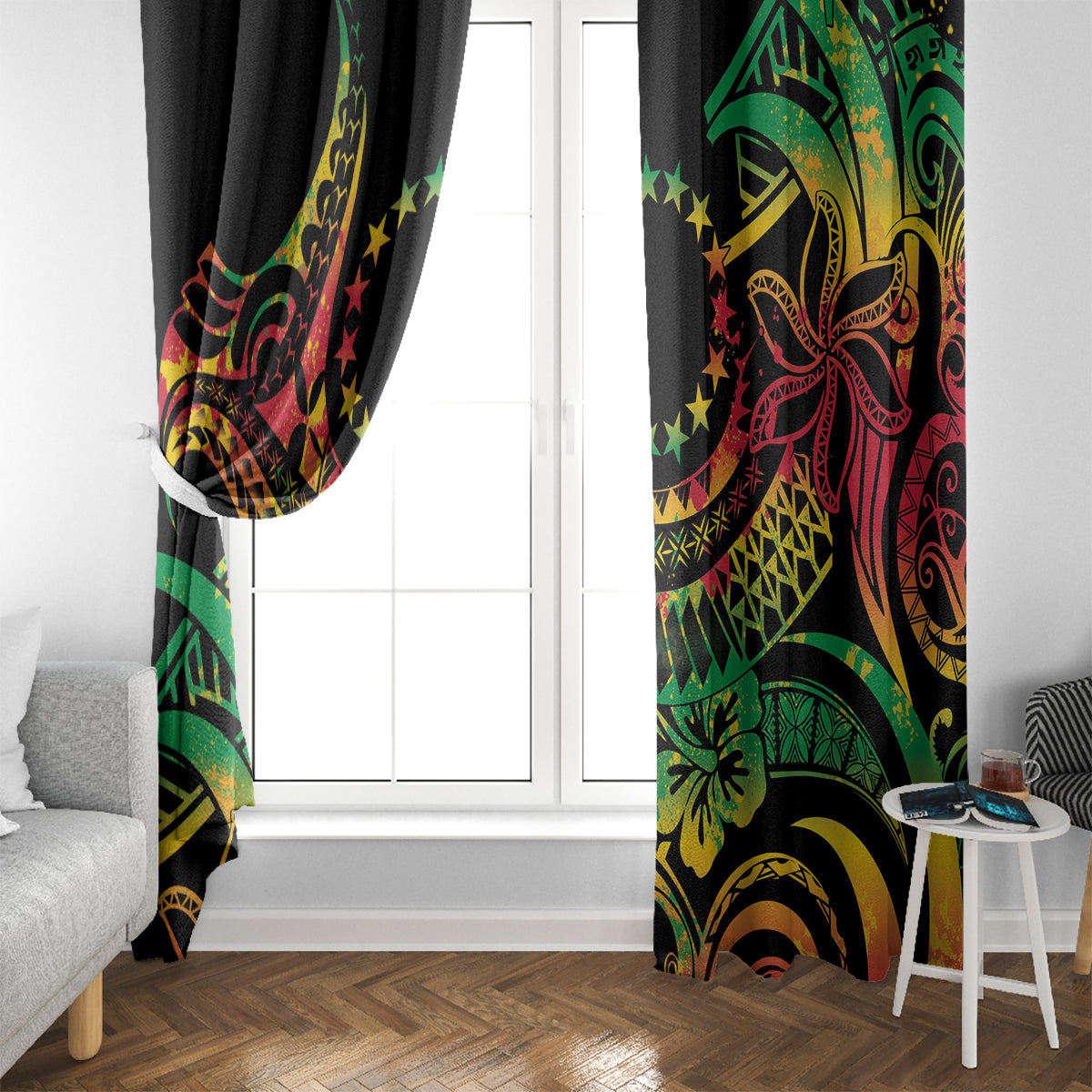 Cook Islands 15 Stars Window Curtain Kuki Airani Polynesian Tribal Wave Tattoo LT9 - Polynesian Pride