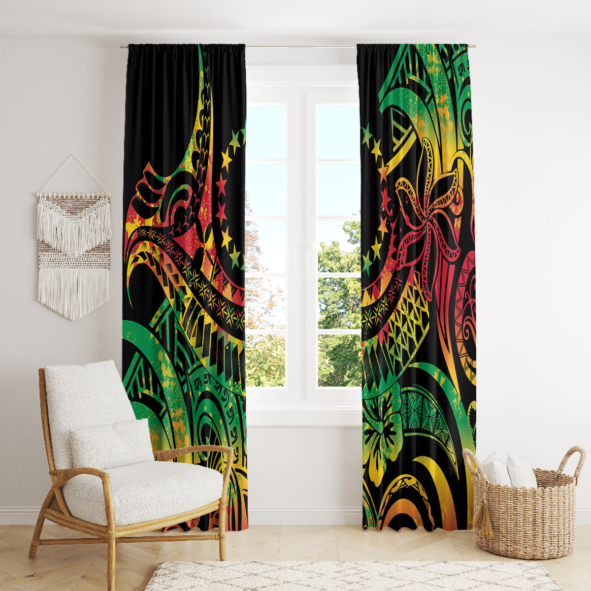 Cook Islands 15 Stars Window Curtain Kuki Airani Polynesian Tribal Wave Tattoo LT9 - Polynesian Pride