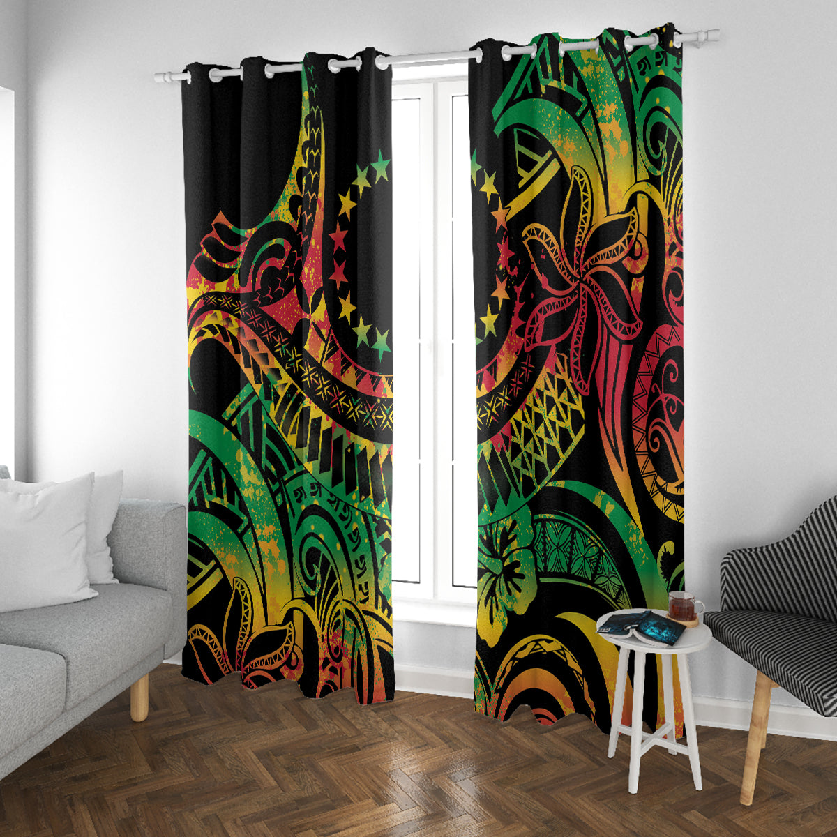 Cook Islands 15 Stars Window Curtain Kuki Airani Polynesian Tribal Wave Tattoo LT9 With Grommets Reggae - Polynesian Pride