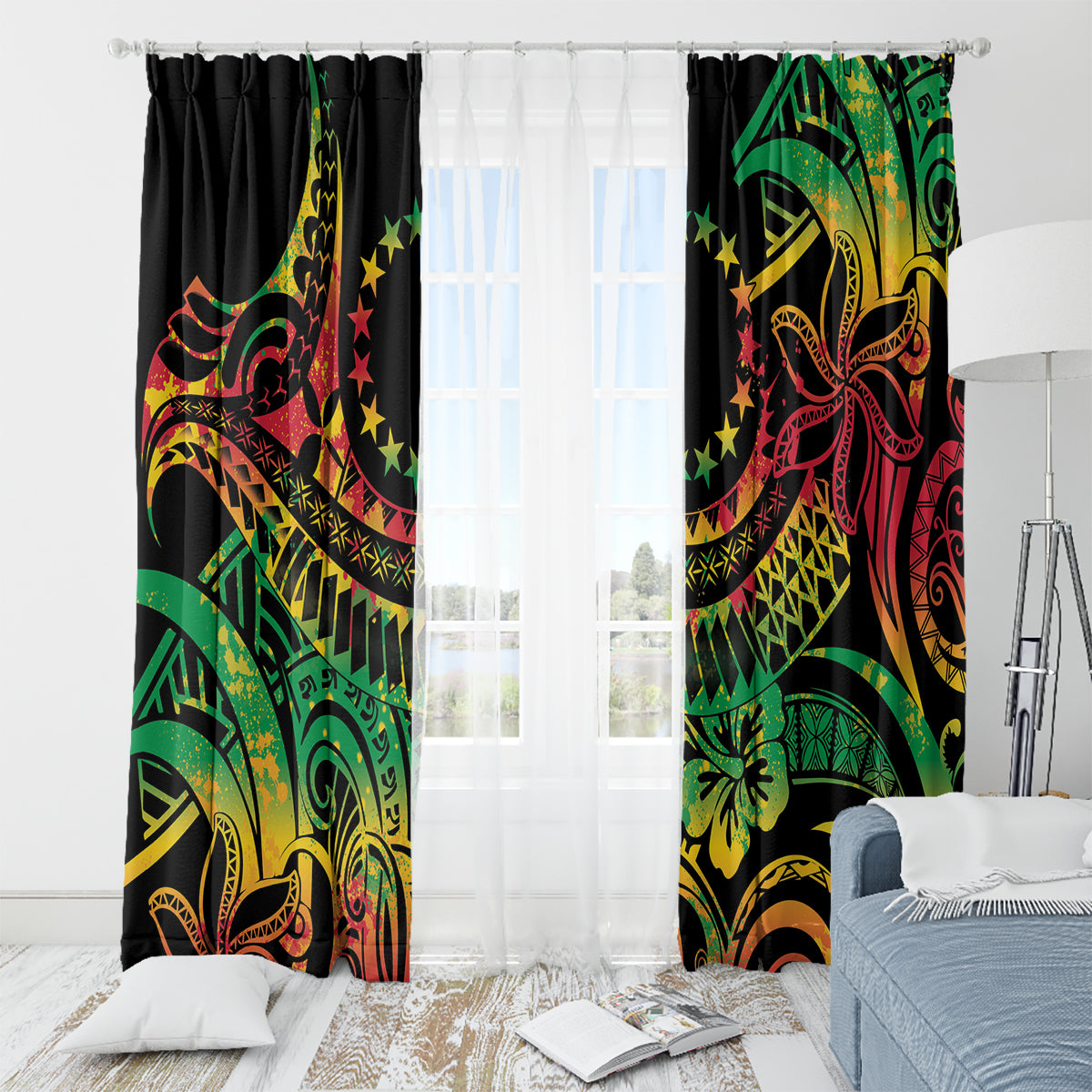 Cook Islands 15 Stars Window Curtain Kuki Airani Polynesian Tribal Wave Tattoo LT9 - Polynesian Pride