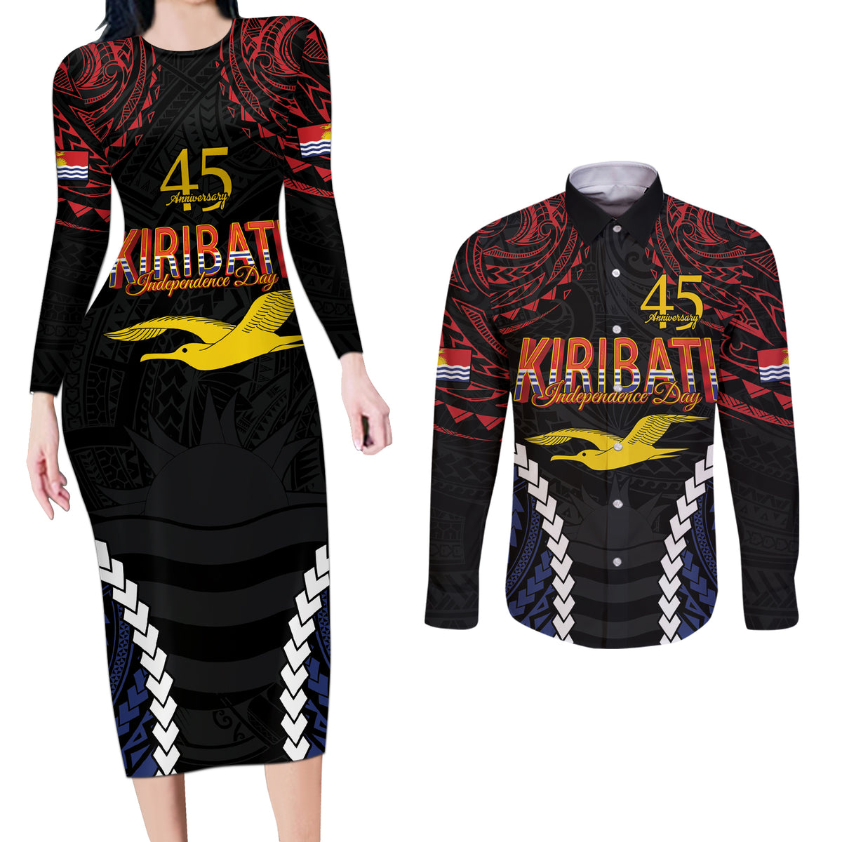Kiribati 45th Anniversary Independence Day Couples Matching Long Sleeve Bodycon Dress and Long Sleeve Button Shirt Since 1979 LT9 Black - Polynesian Pride