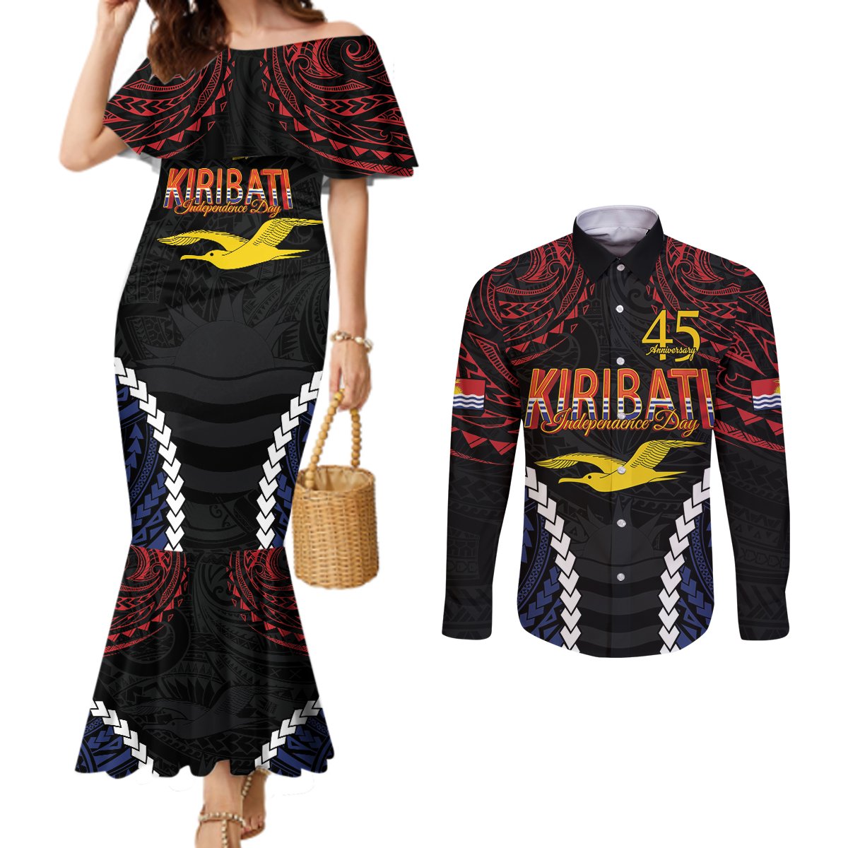 Kiribati 45th Anniversary Independence Day Couples Matching Mermaid Dress and Long Sleeve Button Shirt Since 1979 LT9 Black - Polynesian Pride