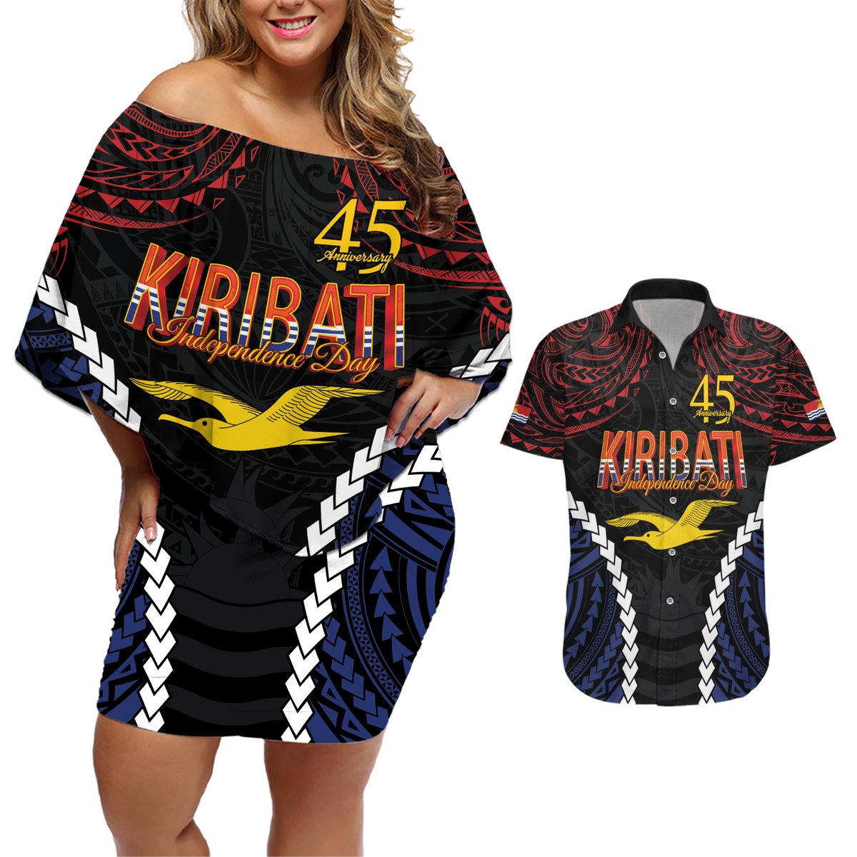 Kiribati 45th Anniversary Independence Day Couples Matching Off Shoulder Short Dress and Hawaiian Shirt Since 1979 LT9 Black - Polynesian Pride