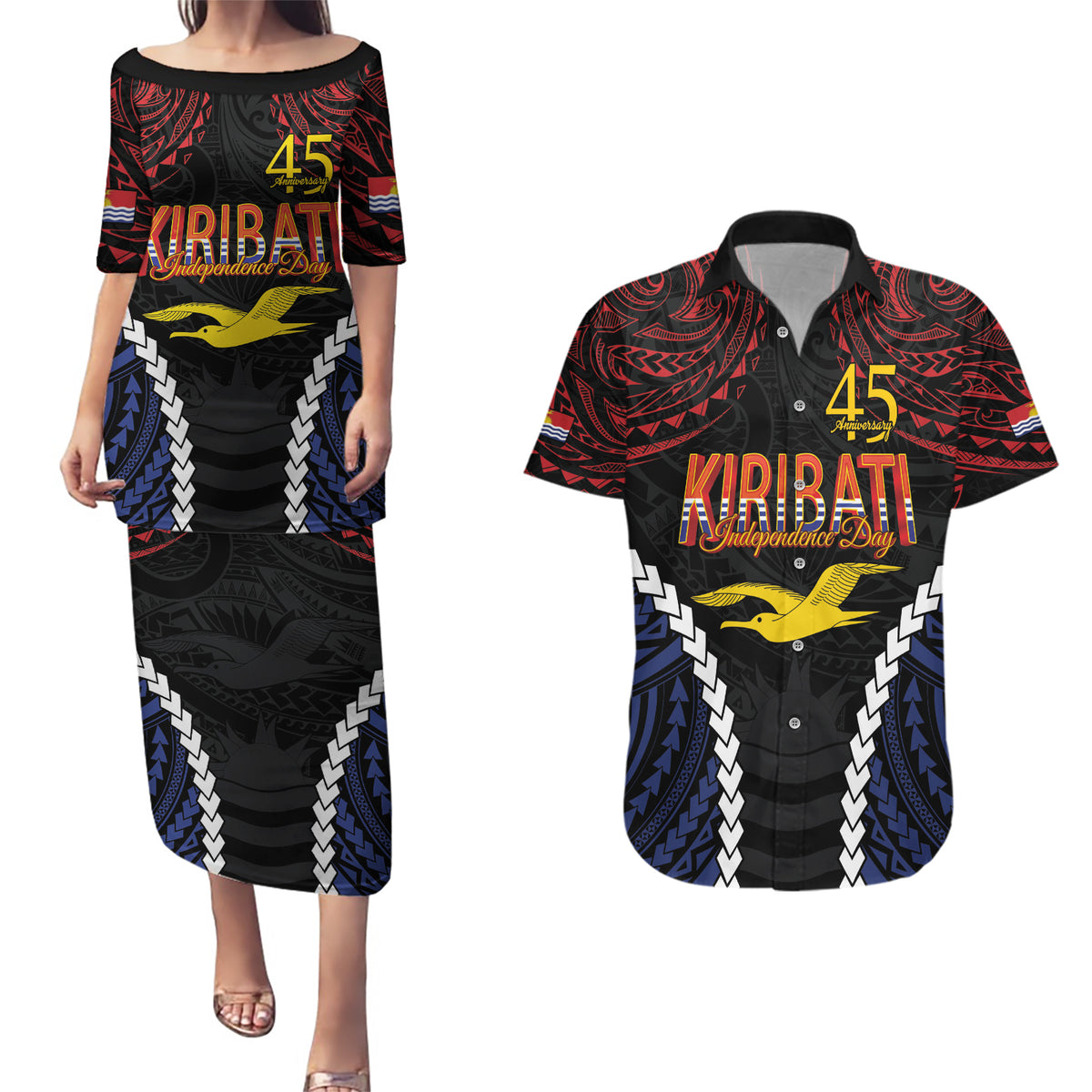 Kiribati 45th Anniversary Independence Day Couples Matching Puletasi and Hawaiian Shirt Since 1979 LT9 Black - Polynesian Pride