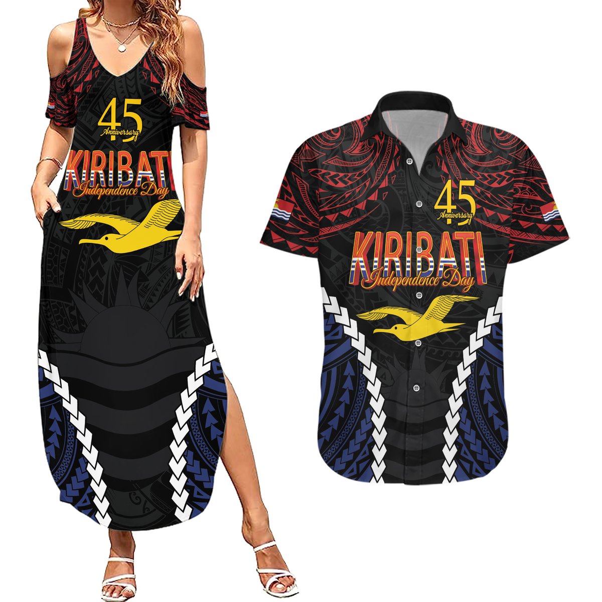 Kiribati 45th Anniversary Independence Day Couples Matching Summer Maxi Dress and Hawaiian Shirt Since 1979 LT9 Black - Polynesian Pride