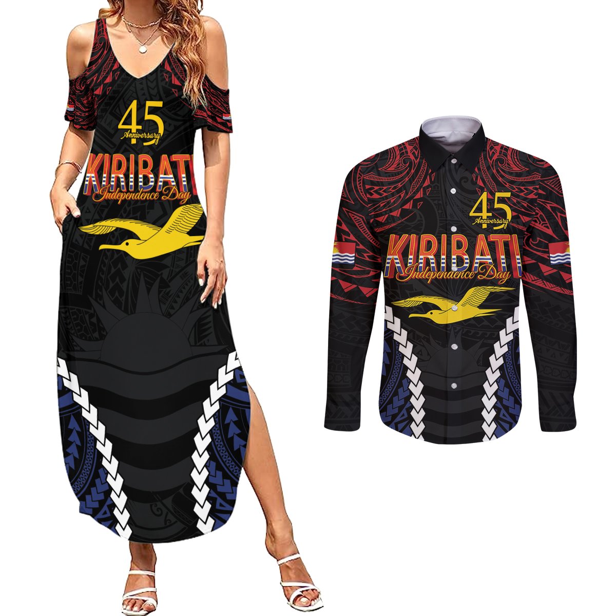 Kiribati 45th Anniversary Independence Day Couples Matching Summer Maxi Dress and Long Sleeve Button Shirt Since 1979 LT9 Black - Polynesian Pride