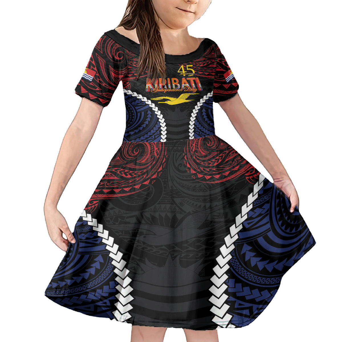Kiribati 45th Anniversary Independence Day Family Matching Puletasi and Hawaiian Shirt Since 1979 LT9 Daughter's Dress Black - Polynesian Pride