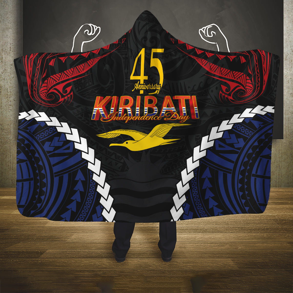 Kiribati 45th Anniversary Independence Day Hooded Blanket Since 1979 LT9 One Size Black - Polynesian Pride