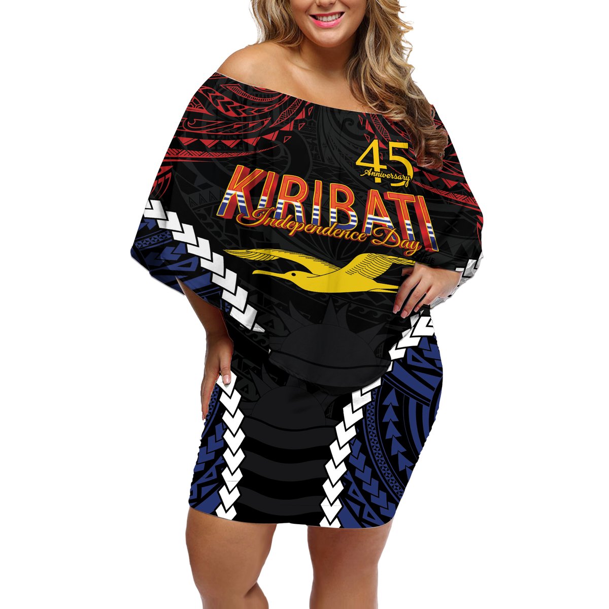 Kiribati 45th Anniversary Independence Day Off Shoulder Short Dress Since 1979 LT9 Women Black - Polynesian Pride