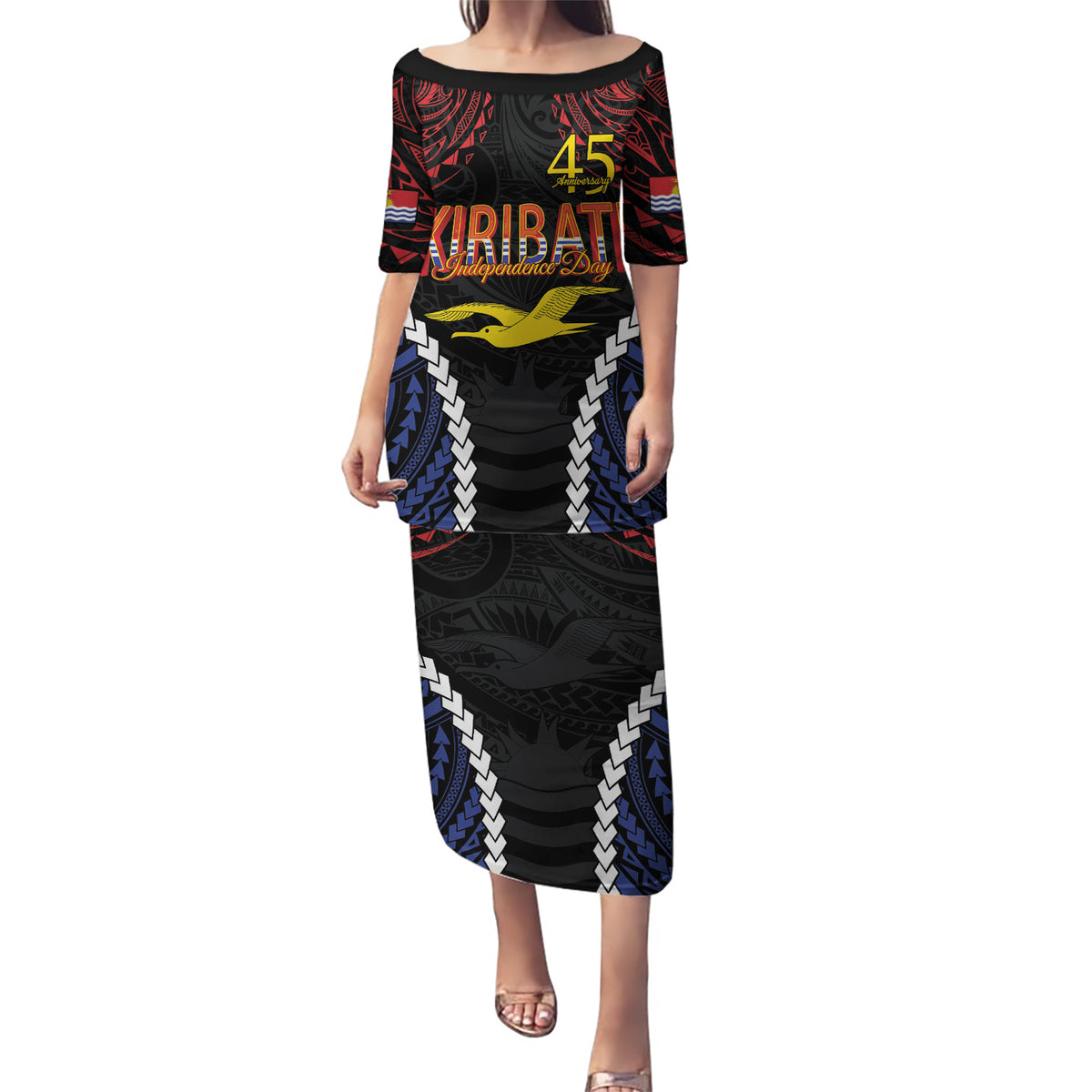 Kiribati 45th Anniversary Independence Day Puletasi Since 1979 LT9 Long Dress Black - Polynesian Pride