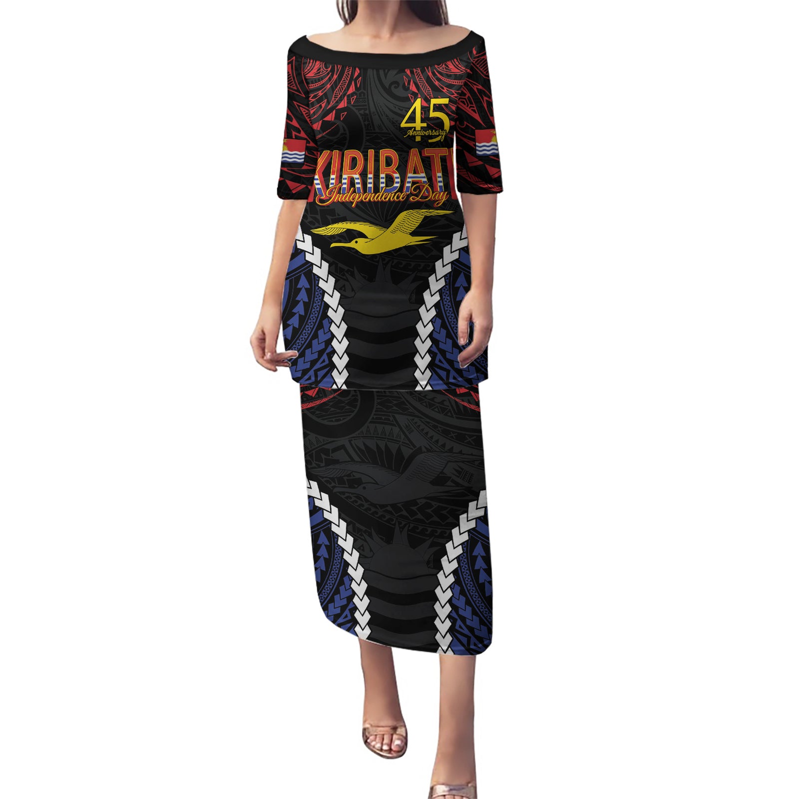 Kiribati 45th Anniversary Independence Day Puletasi Since 1979 LT9 Long Dress Black - Polynesian Pride