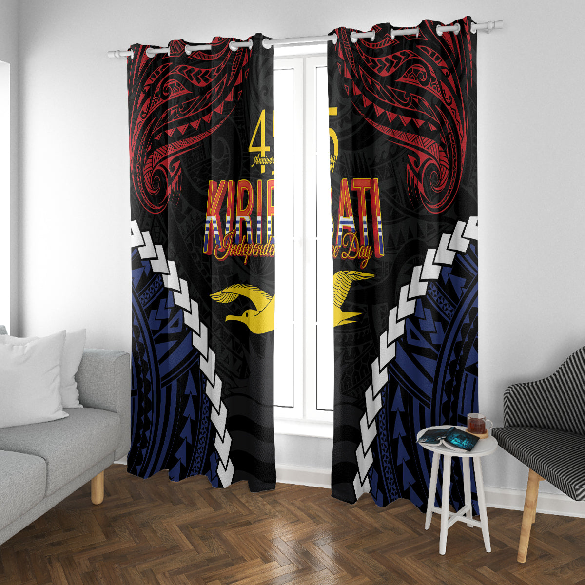 Kiribati 45th Anniversary Independence Day Window Curtain Since 1979 LT9 With Grommets Black - Polynesian Pride