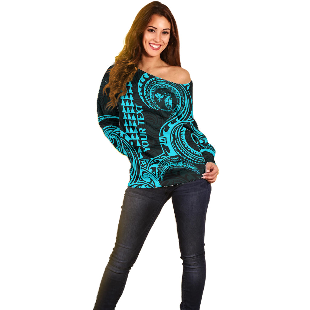 Custom King Kamehameha Day Hawaii Off Shoulder Sweater Paradise of the Pacific Tribal Kakau - Aqua LT9 - Polynesian Pride