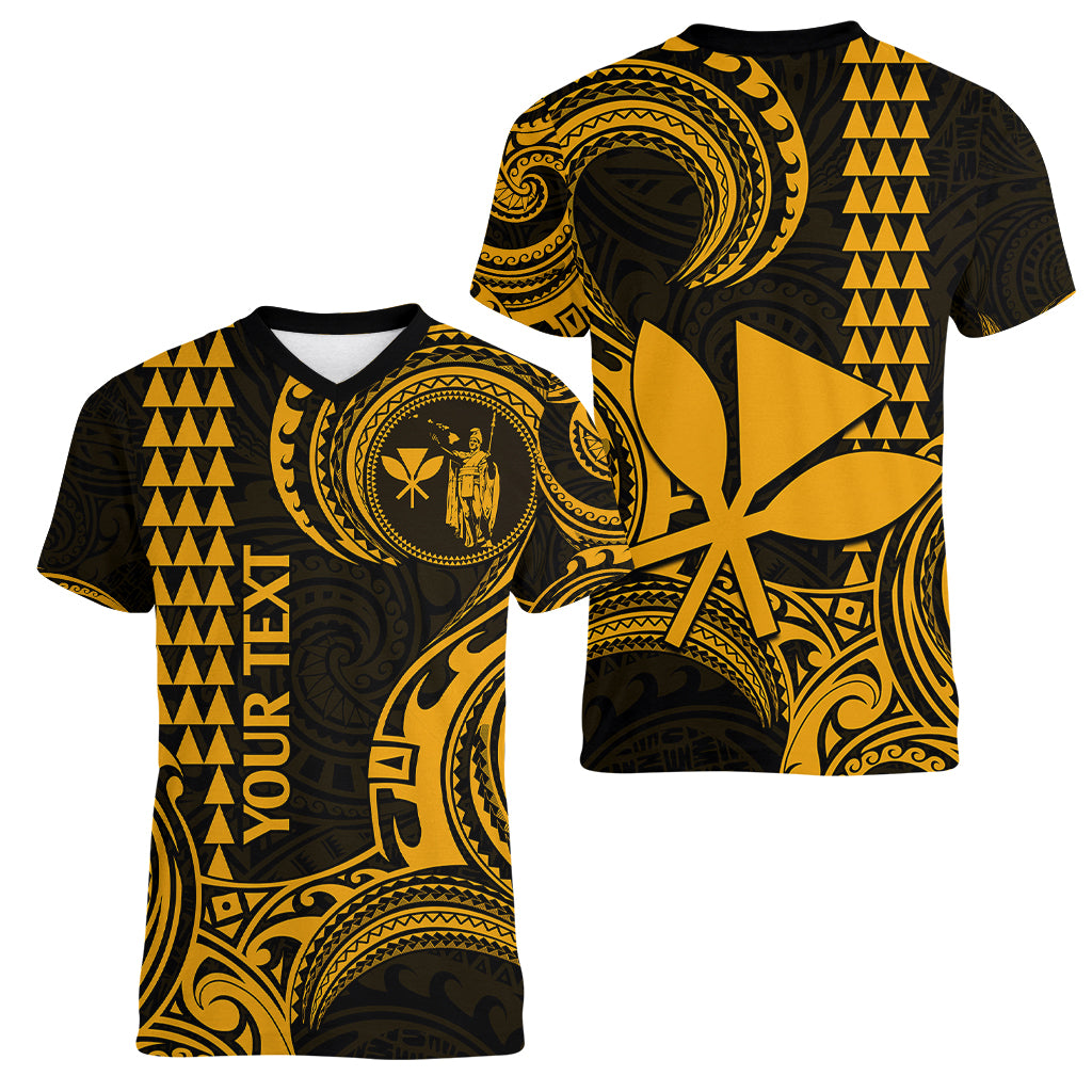 Custom King Kamehameha Day Hawaii Women V Neck T Shirt Paradise of the Pacific Tribal Kakau - Gold LT9 - Polynesian Pride