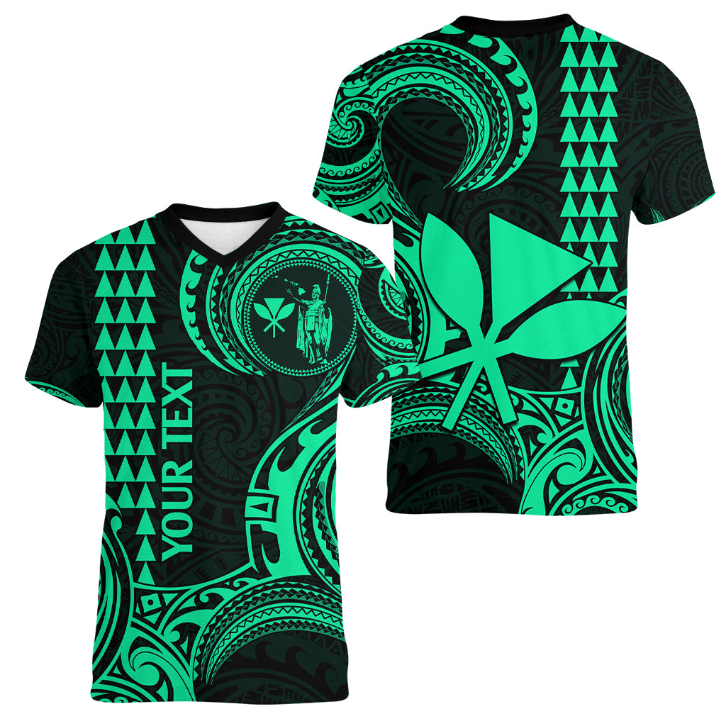 Custom King Kamehameha Day Hawaii Women V Neck T Shirt Paradise of the Pacific Tribal Kakau - Green LT9 - Polynesian Pride