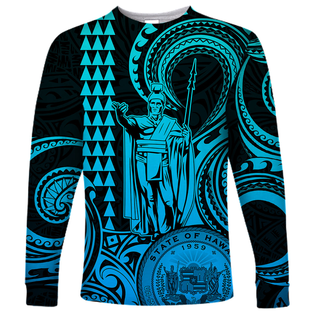 King Kamehameha Day Hawaii Long Sleeve Shirt Paradise of the Pacific Tribal Kakau with Kanaka Maoli - Aqua LT9 Unisex Aqua - Polynesian Pride