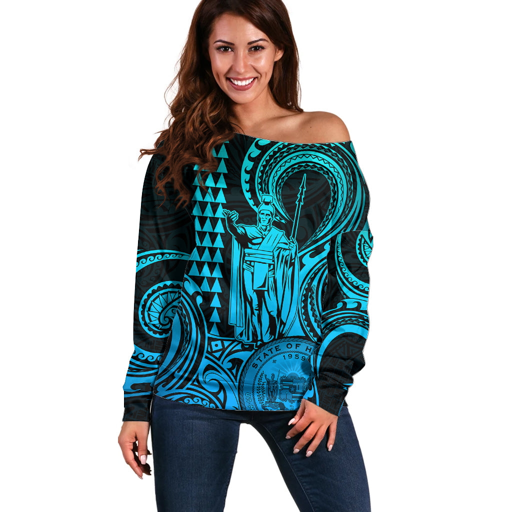 King Kamehameha Day Hawaii Off Shoulder Sweater Paradise of the Pacific Tribal Kakau with Kanaka Maoli - Aqua LT9 Women Aqua - Polynesian Pride