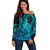 King Kamehameha Day Hawaii Off Shoulder Sweater Paradise of the Pacific Tribal Kakau with Kanaka Maoli - Aqua LT9 Women Aqua - Polynesian Pride