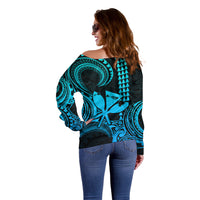 King Kamehameha Day Hawaii Off Shoulder Sweater Paradise of the Pacific Tribal Kakau with Kanaka Maoli - Aqua LT9 - Polynesian Pride