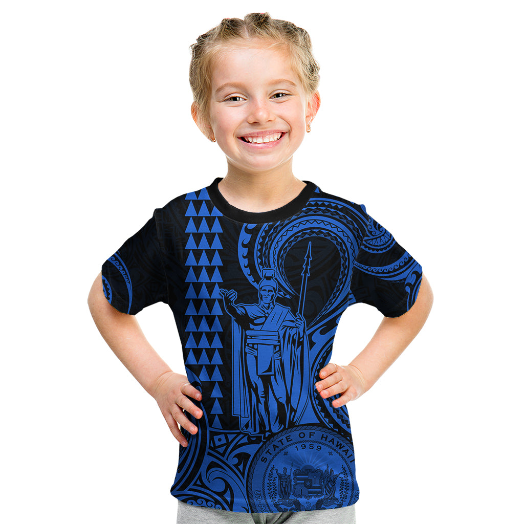 King Kamehameha Day Hawaii Kid T Shirt Paradise of the Pacific Tribal Kakau with Kanaka Maoli - Blue LT9 Blue - Polynesian Pride