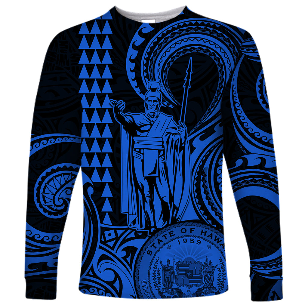 King Kamehameha Day Hawaii Long Sleeve Shirt Paradise of the Pacific Tribal Kakau with Kanaka Maoli - Blue LT9 Unisex Blue - Polynesian Pride