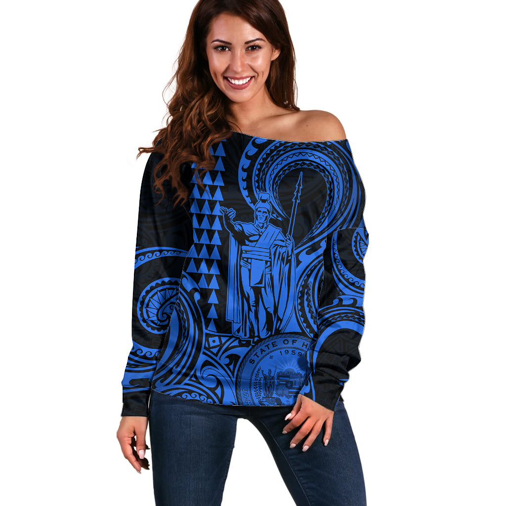 King Kamehameha Day Hawaii Off Shoulder Sweater Paradise of the Pacific Tribal Kakau with Kanaka Maoli - Blue LT9 Women Blue - Polynesian Pride