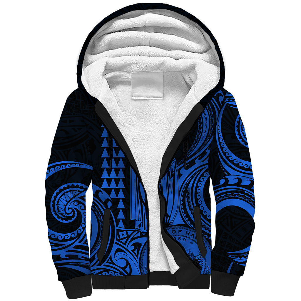 King Kamehameha Day Hawaii Sherpa Hoodie Paradise of the Pacific Tribal Kakau with Kanaka Maoli - Blue LT9 Unisex Blue - Polynesian Pride