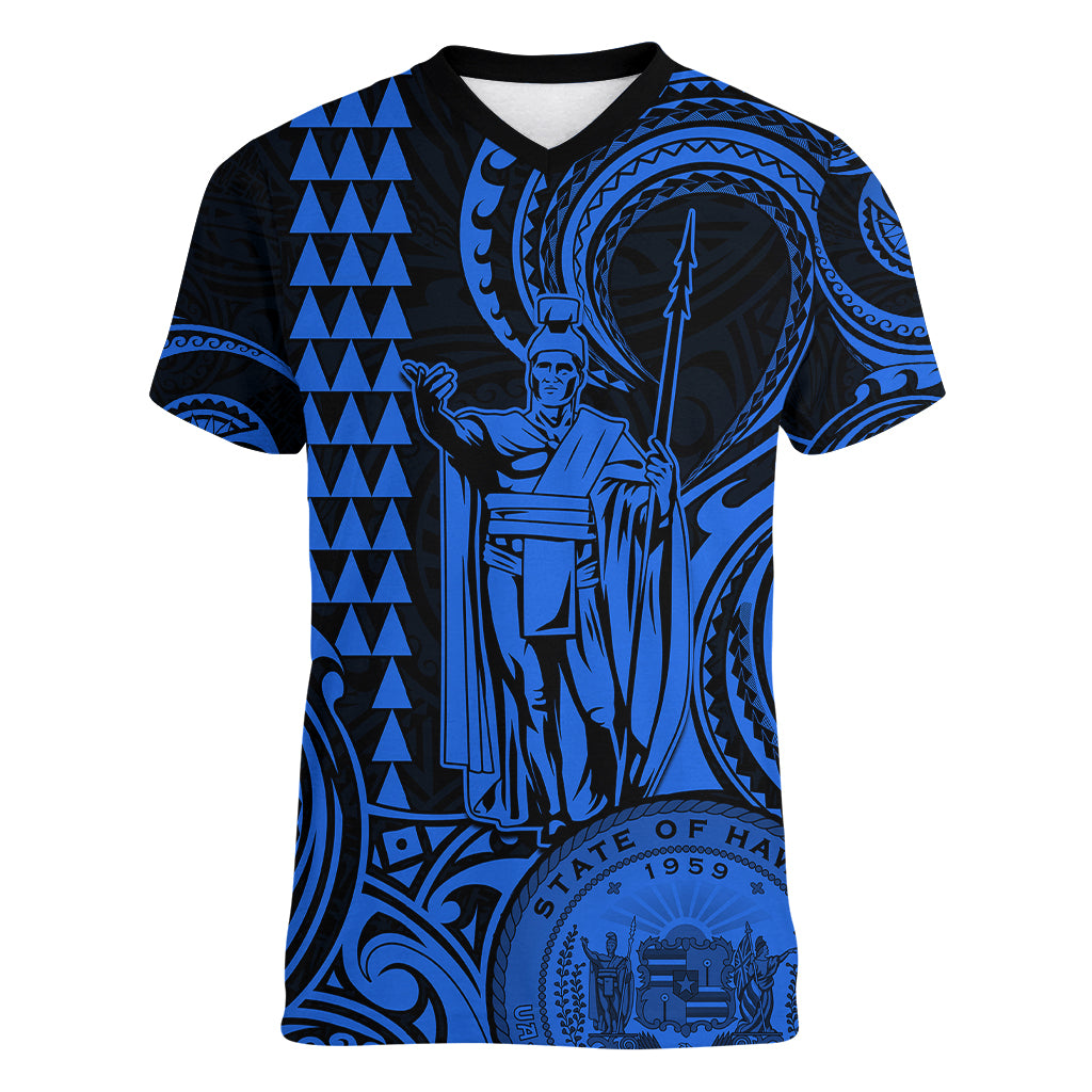 King Kamehameha Day Hawaii Women V Neck T Shirt Paradise of the Pacific Tribal Kakau with Kanaka Maoli - Blue LT9 Female Blue - Polynesian Pride