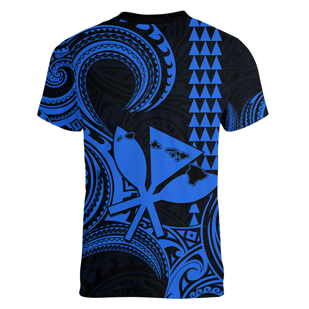 King Kamehameha Day Hawaii Women V Neck T Shirt Paradise of the Pacific Tribal Kakau with Kanaka Maoli - Blue LT9 - Polynesian Pride