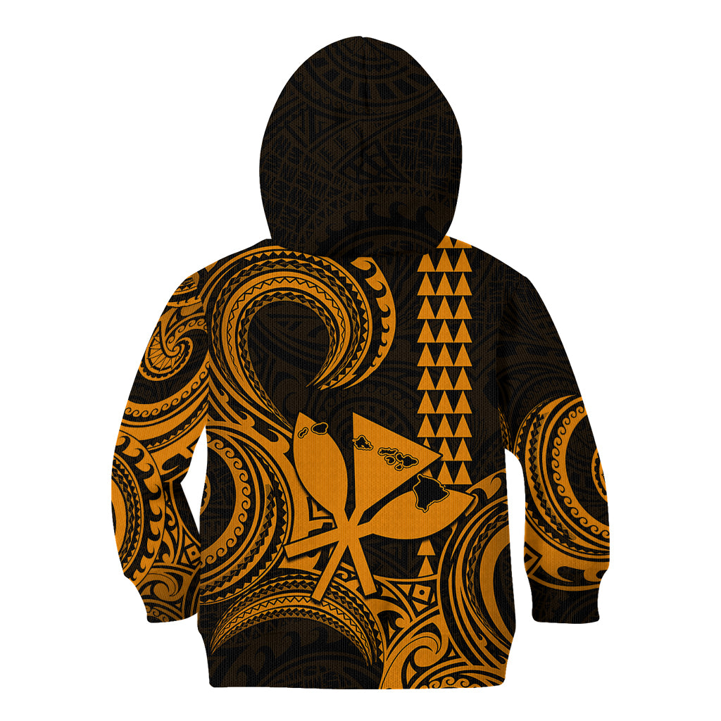 King Kamehameha Day Hawaii Kid Hoodie Paradise of the Pacific Tribal Kakau with Kanaka Maoli - Gold LT9 - Polynesian Pride