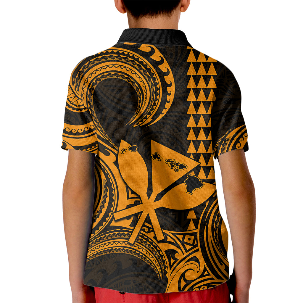 King Kamehameha Day Hawaii Kid Polo Shirt Paradise of the Pacific Tribal Kakau with Kanaka Maoli - Gold LT9 - Polynesian Pride