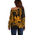 King Kamehameha Day Hawaii Off Shoulder Sweater Paradise of the Pacific Tribal Kakau with Kanaka Maoli - Gold LT9 - Polynesian Pride