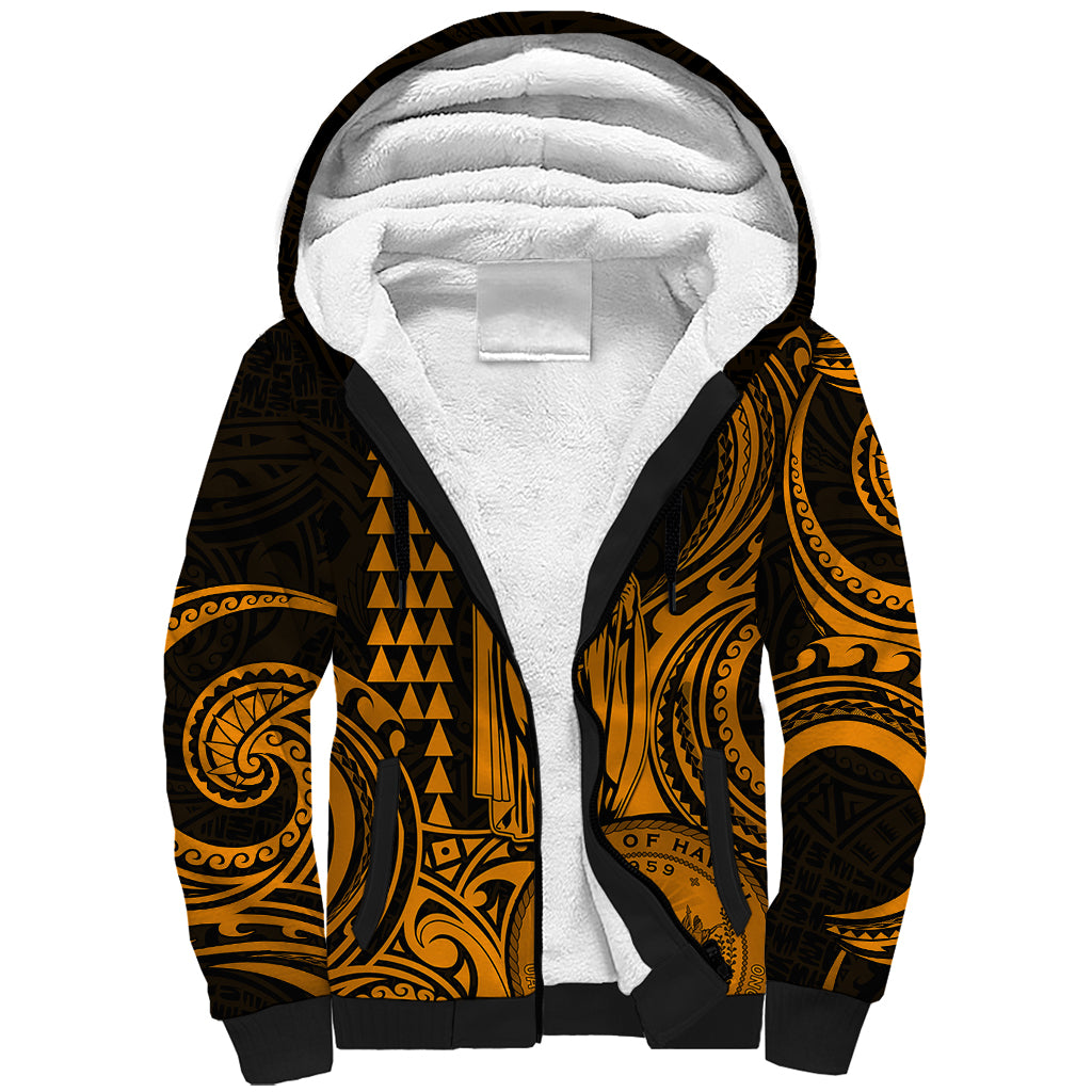 King Kamehameha Day Hawaii Sherpa Hoodie Paradise of the Pacific Tribal Kakau with Kanaka Maoli - Gold LT9 Unisex Gold - Polynesian Pride