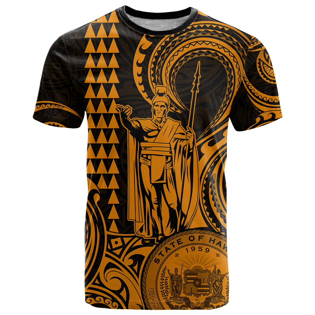 King Kamehameha Day Hawaii T Shirt Paradise of the Pacific Tribal Kakau with Kanaka Maoli Gold LT9 Gold - Polynesian Pride