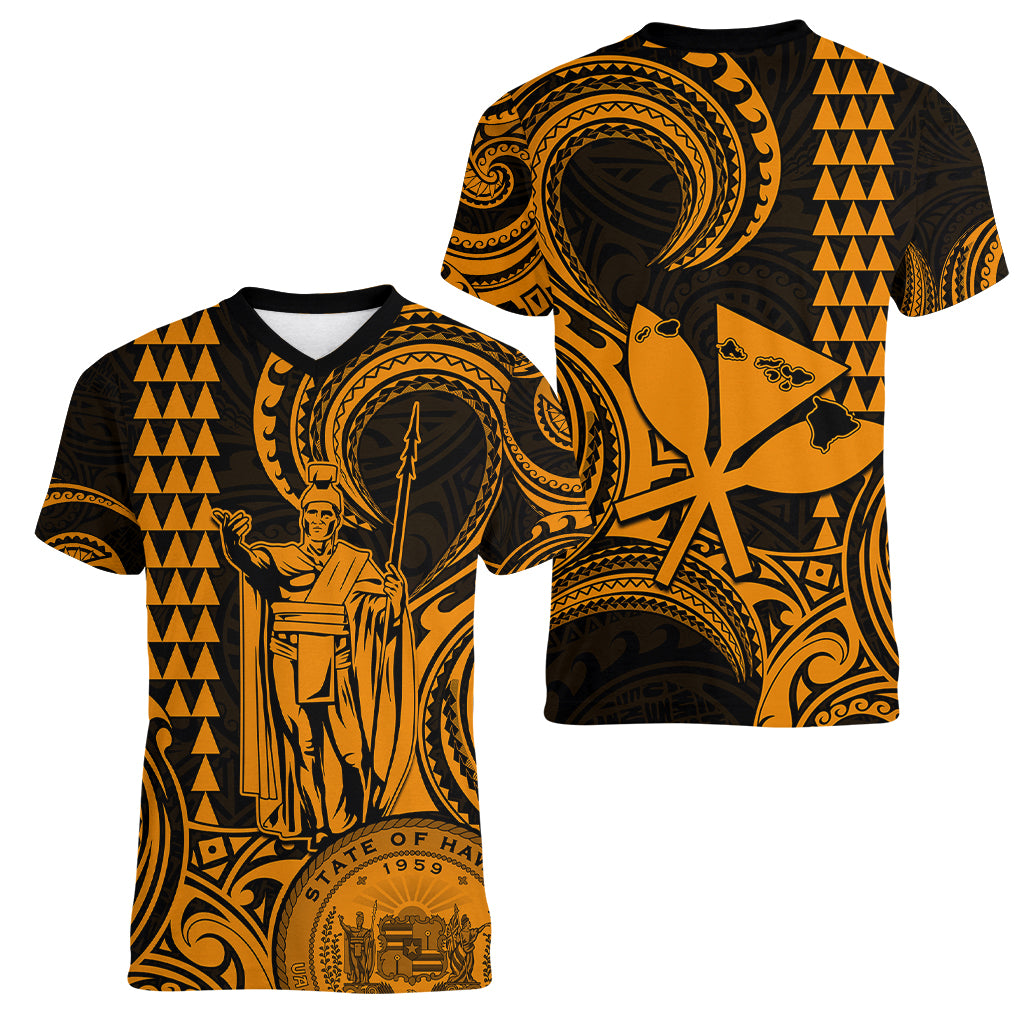 King Kamehameha Day Hawaii Women V Neck T Shirt Paradise of the Pacific Tribal Kakau with Kanaka Maoli - Gold LT9 - Polynesian Pride