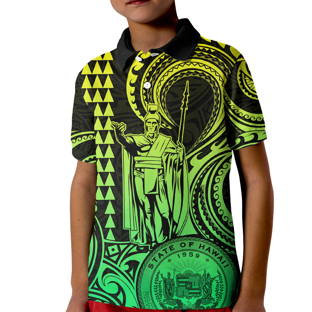 King Kamehameha Day Hawaii Kid Polo Shirt Paradise of the Pacific Tribal Kakau with Kanaka Maoli - Lime LT9 Kid Lime - Polynesian Pride