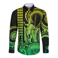 King Kamehameha Day Hawaii Long Sleeve Button Shirt Paradise of the Pacific Tribal Kakau with Kanaka Maoli - Lime LT9 Unisex Lime - Polynesian Pride