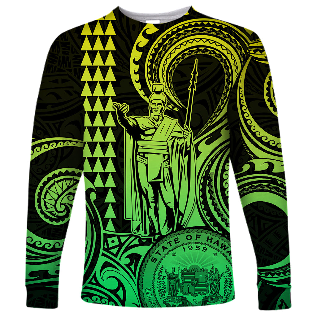 King Kamehameha Day Hawaii Long Sleeve Shirt Paradise of the Pacific Tribal Kakau with Kanaka Maoli - Lime LT9 Unisex Lime - Polynesian Pride